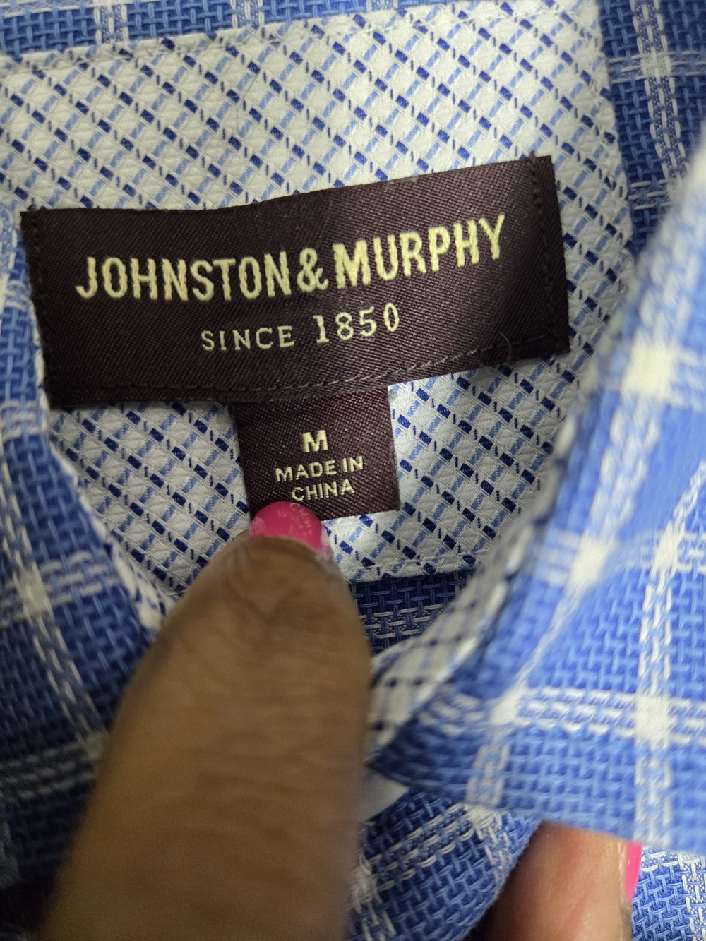 Johnston & Murphy Blue Windowpane Check Button Down Shirt Cotton Medium - Picture 2 of 8